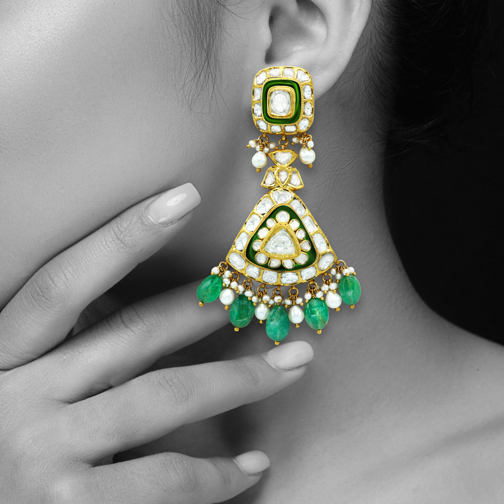Polki Choker Set with Green Enamel and Emerald Drop Details